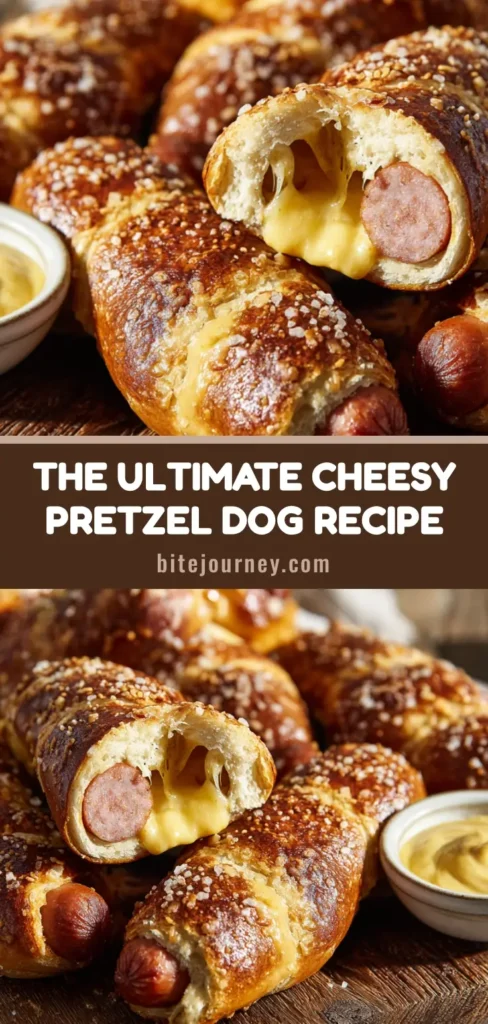A close-up of a freshly baked, golden-brown Cheesy Pretzel Dog sliced open to reveal a gooey melted cheese center, served on a rustic wooden board with a bowl of tangy mustard.