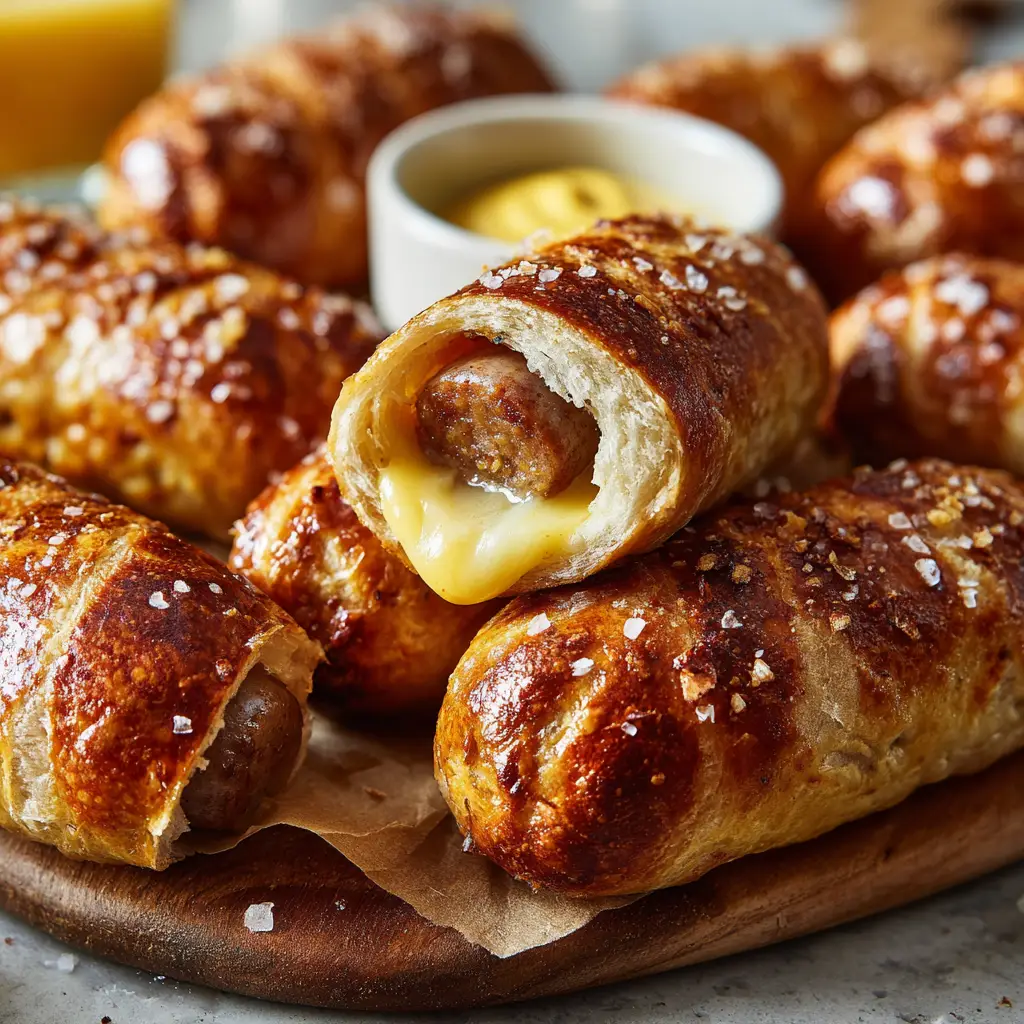 Macro shot of multiple golden-brown Cheesy Pretzel Dogs sprinkled with coarse sea salt, arranged casually on a rustic serving board.