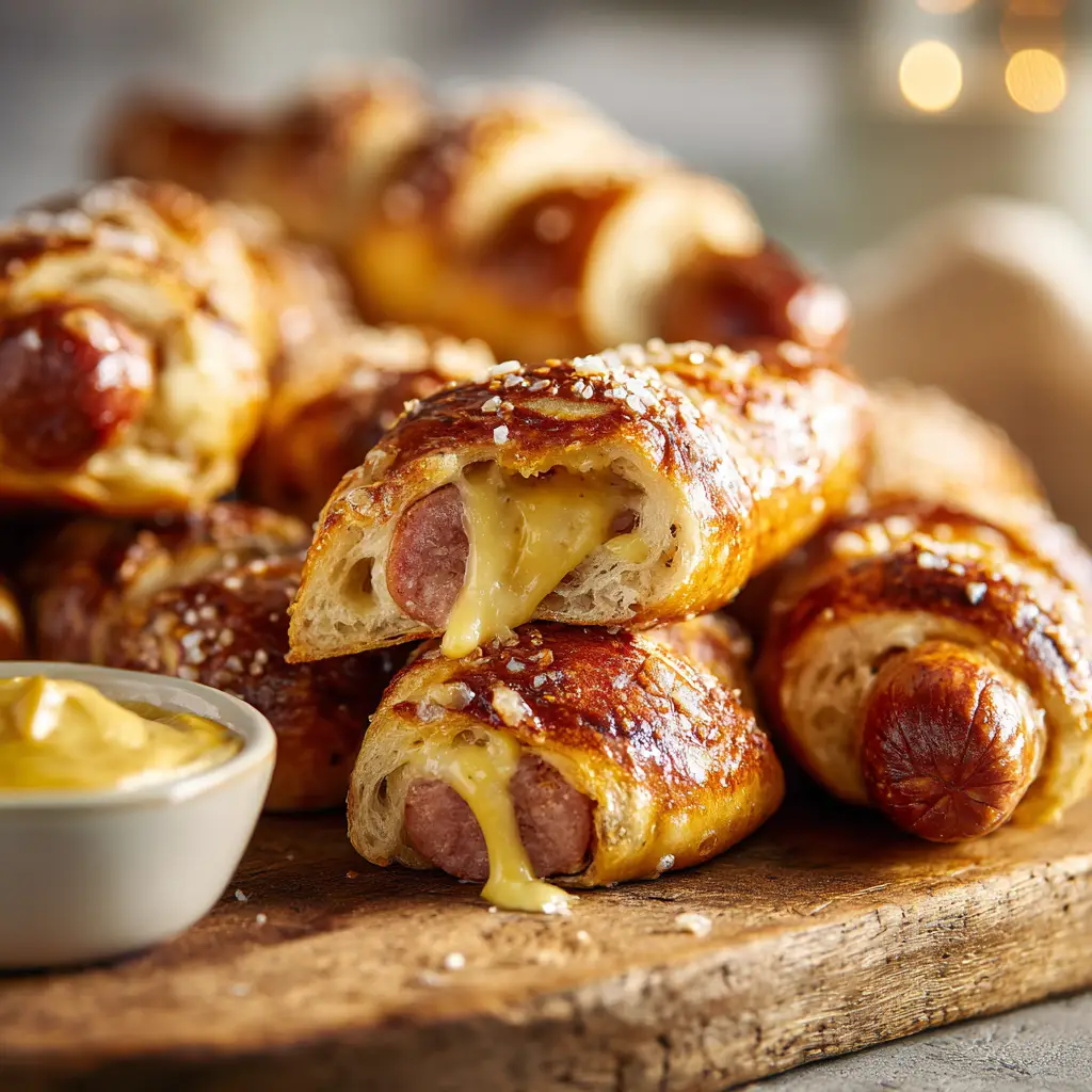 Close-up of the gooey melted cheese center oozing out of a freshly sliced savory sausage wrapped in homemade pretzel dough.