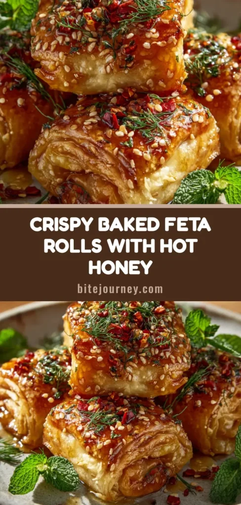 A towering stack of crispy Baked Feta Rolls drizzled with hot honey and sprinkled with sesame seeds, dill, and chili flakes.