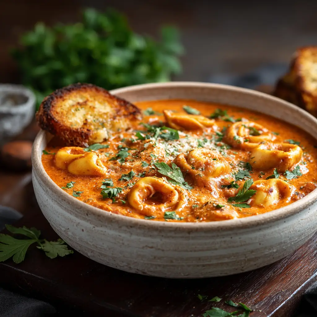 Rich, creamy tomato-based tortellini soup served in a heavy white ceramic bowl resting on a dark wood surface.