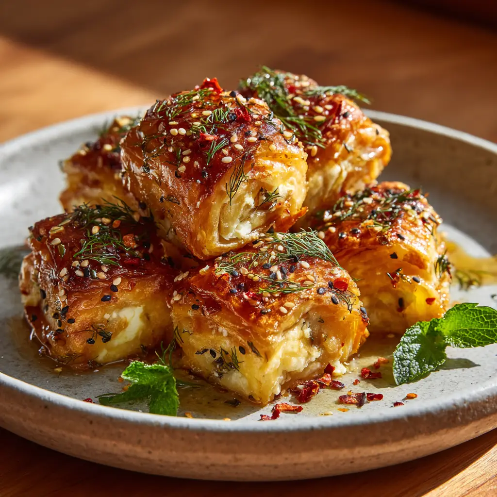 Close-up macro photograph of flaky, golden-baked feta rolls on a rustic ceramic plate.