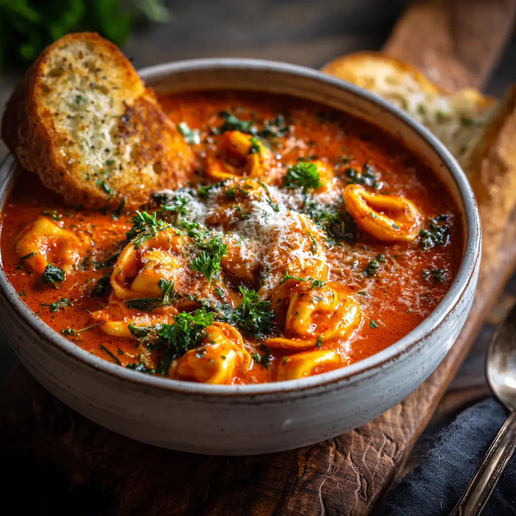 A spoonful of creamy tortellini soup garnished with fresh parsley and grated parmesan cheese next to toasted garlic bread.