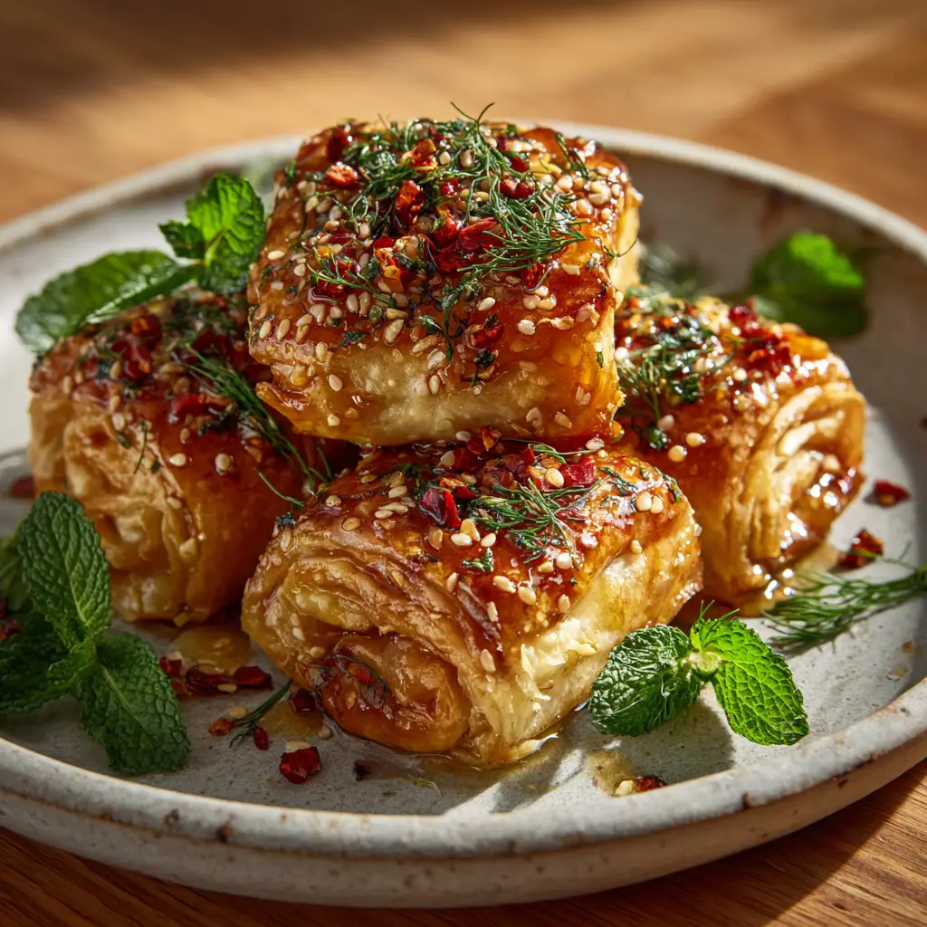 Baked feta rolls glistening with hot honey, garnished with fresh mint, dill, red chili flakes, and sesame seeds.
