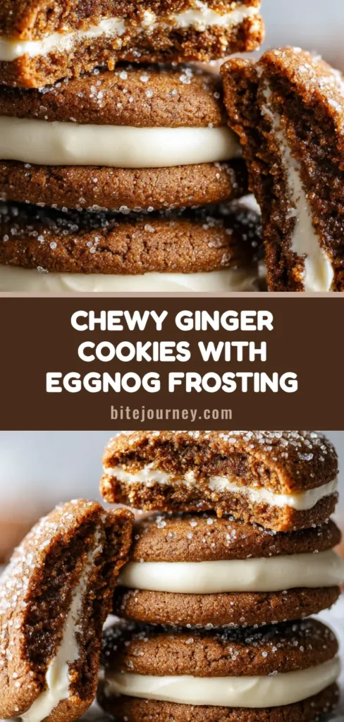 A stack of freshly baked ginger molasses sandwich cookies filled with thick eggnog frosting on a rustic marble surface.