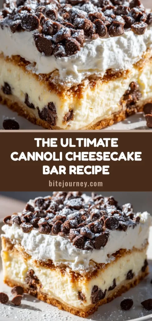 A close-up of a perfectly square cannoli cheesecake bar on a white ceramic plate with a golden-brown crust, creamy ricotta filling, mini chocolate chips, and fluffy whipped cream.