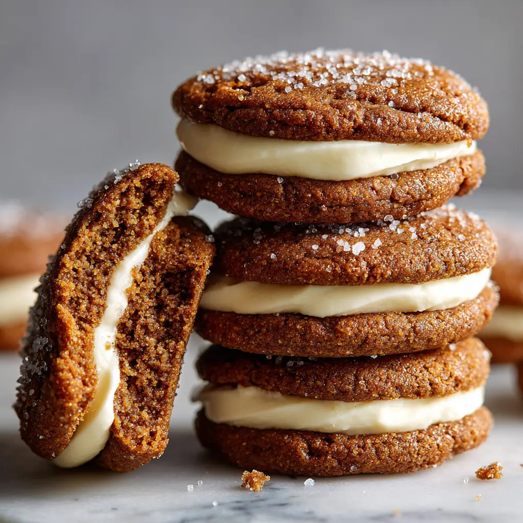 A ginger molasses cookie broken in half revealing a hearty layer of eggnog cream cheese frosting.