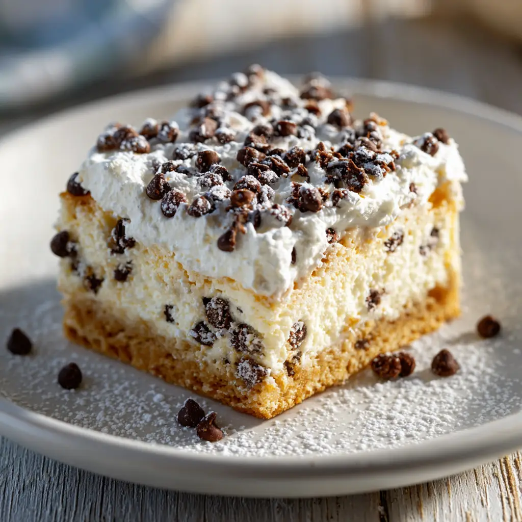 Macro shot of a rustic cannoli cheesecake bar showing the thick and creamy filling packed with mini chocolate chips and a light dusting of powdered sugar.