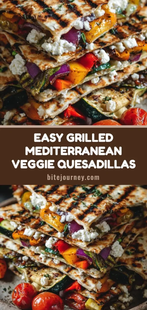 Close-up macro shot of grilled Mediterranean veggie quesadillas cut into wedges, stacked casually on a rustic ceramic plate with blistered cherry tomatoes.