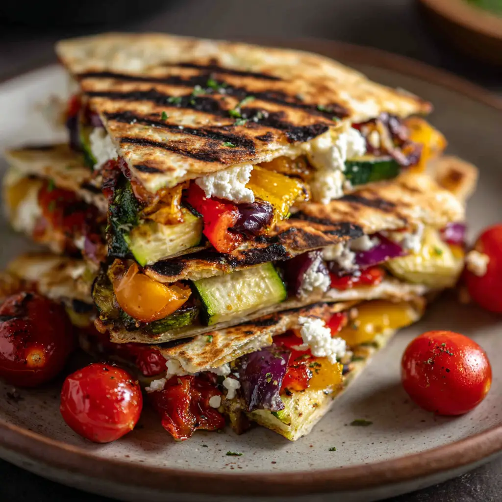 A rustic plate filled with wedges of Grilled Mediterranean Veggie Quesadillas, showing layers of zucchini, bell peppers, and feta.