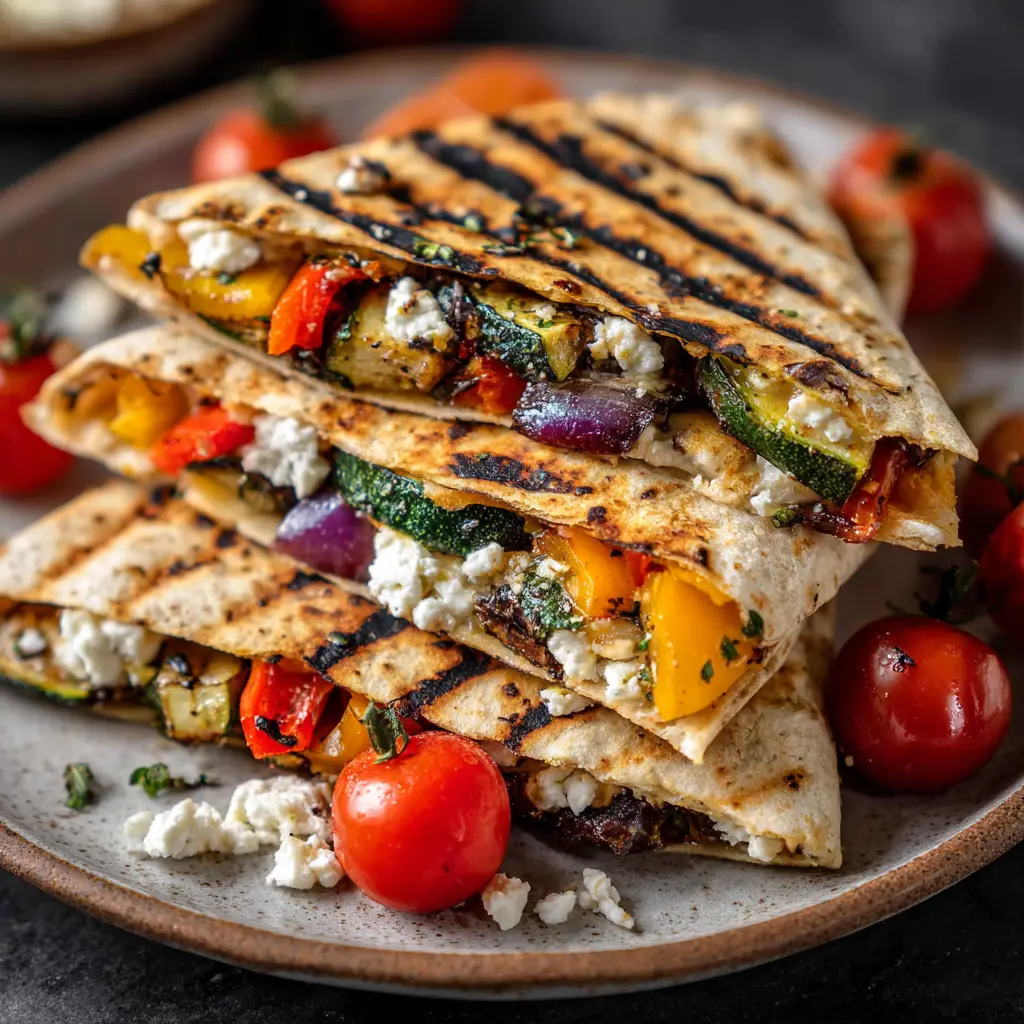 Close-up of flour tortillas with dark grill marks stuffed with vibrant Mediterranean vegetables and scattered blistered cherry tomatoes.