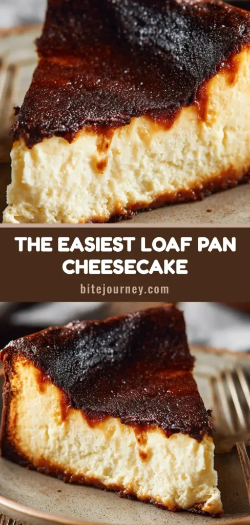 Close-up macro photo of a thick, rustic slice of burnt basque Loaf Pan Cheesecake on a simple ceramic plate with a dark caramelized crust.
