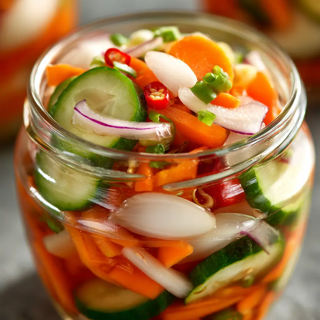 A rustic glass jar filled with crunchy bright orange carrots, green cucumbers, and fresh chilies in pickling brine.