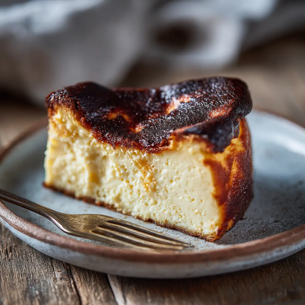 Vintage fork resting beside a slice of rustic Loaf Pan Cheesecake on a blurred rustic wooden surface.