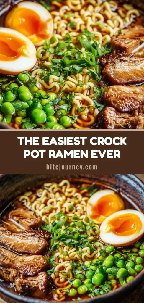 A close-up macro shot of authentic Crock Pot Ramen in a rustic dark ceramic bowl featuring wavy noodles, savory pork, and a jammy egg.