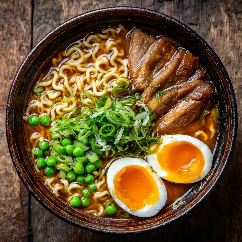Close-up of tender savory pork slices and crisp green peas over wavy ramen noodles in a hearty dark broth.