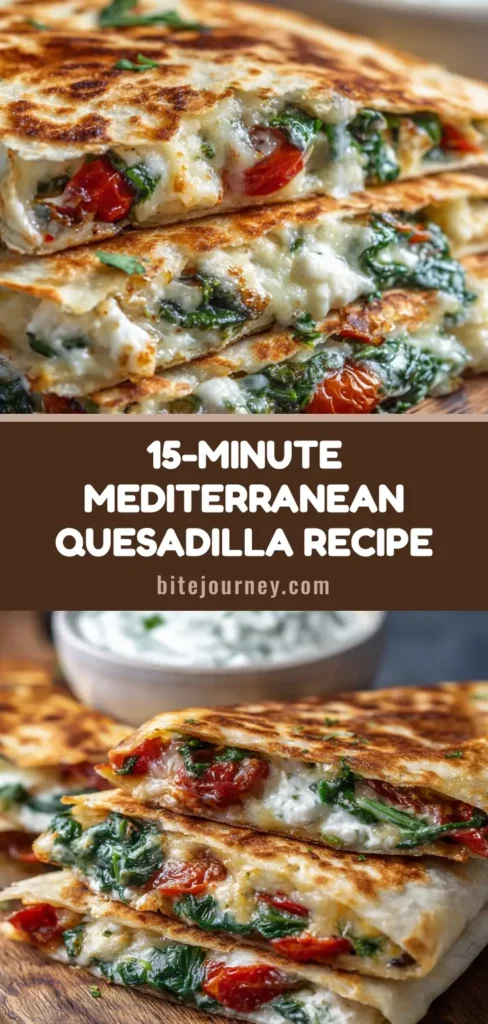 A close-up macro photo of a hearty Mediterranean quesadilla, cut in half and stacked to reveal melted feta cheese, spinach, and cherry tomatoes.