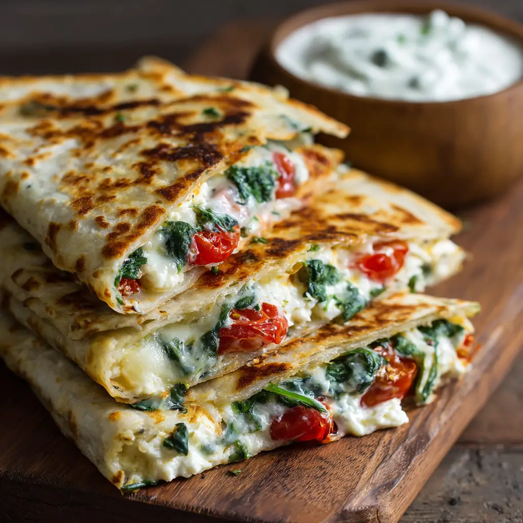 Fresh ingredients for a Mediterranean Quesadilla including flour tortillas, crumbled feta, fresh spinach, cherry tomatoes, and tzatziki sauce.