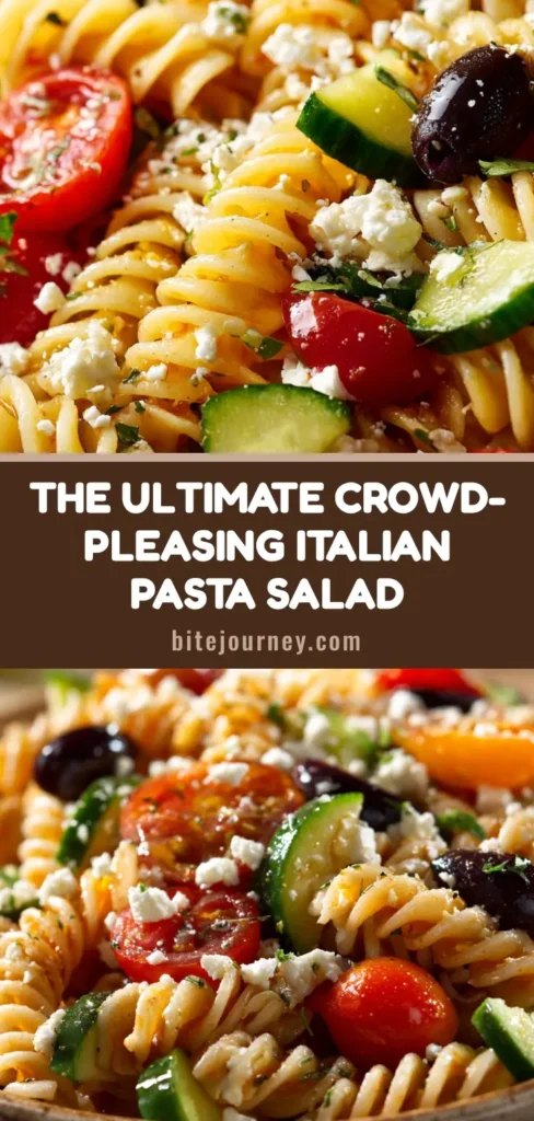 A close-up, rustic Italian Pasta Salad filled with colorful rotini pasta, cherry tomato halves, black olives, cucumbers, and crumbled feta cheese in a ceramic bowl.