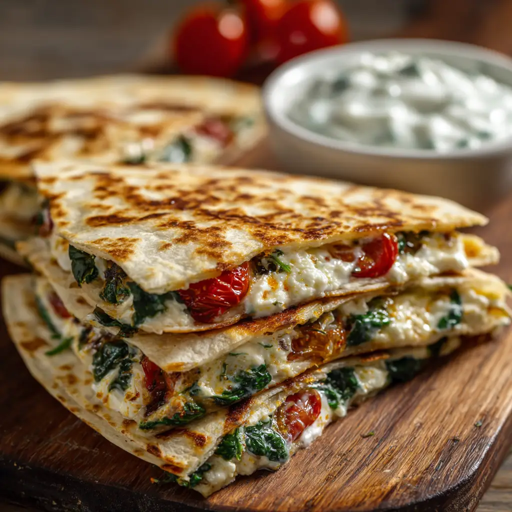 Mediterranean quesadilla arranged on a rustic wooden cutting board next to a small white bowl of creamy tzatziki sauce bathed in natural bright kitchen lighting.