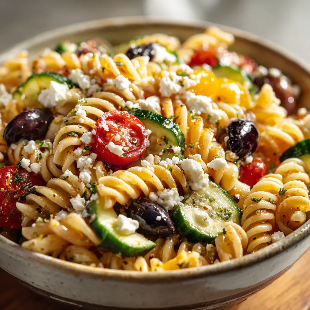 Macro view of hearty Italian Pasta Salad ingredients including tri-color rotini, fresh cucumbers, glistening cherry tomatoes, and feta cheese.