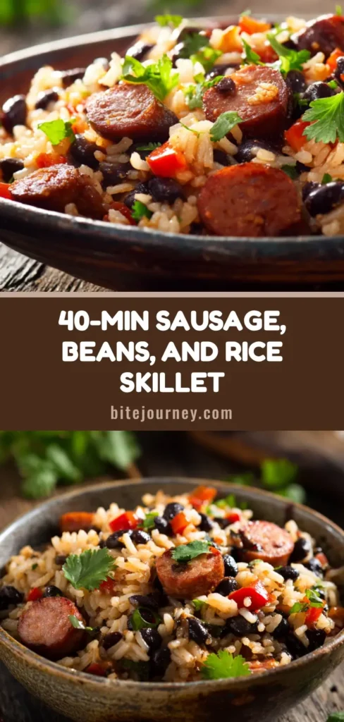 A rustic bowl filled with hearty Black Beans and Rice with Sausage, garnished with fresh cilantro.