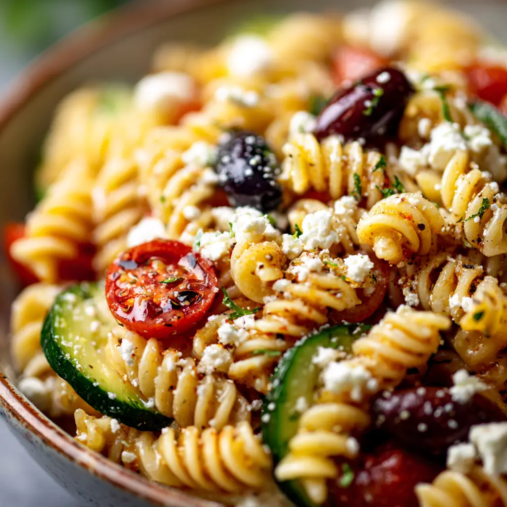 Tossing the rustic Italian Pasta Salad with a zesty vinaigrette in a beautiful ceramic serving bowl.