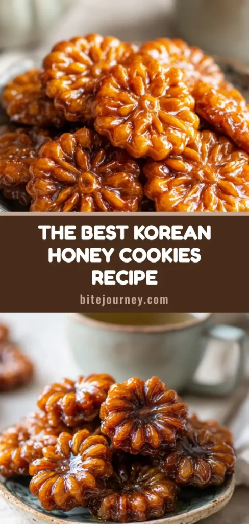 A rustic hand-painted ceramic dish piled generously with Yakgwa, traditional Korean honey cookies, glistening with a rich honey glaze. (Yakgwa Recipe)