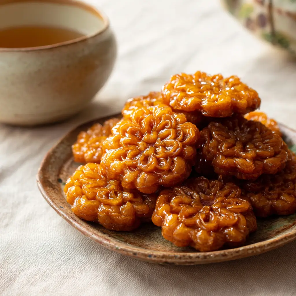 Close-up macro shot of dense, chewy Yakgwa cookies showing their deep amber color and intricate flower-like texture.