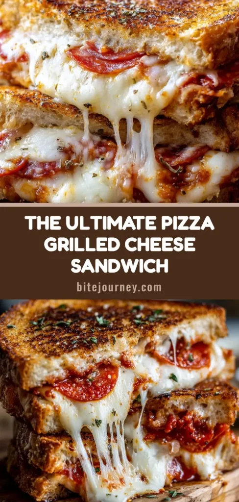 A close-up macro shot of a hearty Pizza Grilled Cheese sandwich stacked on a rustic wooden board, showing gooey melted mozzarella stretching between the halves.