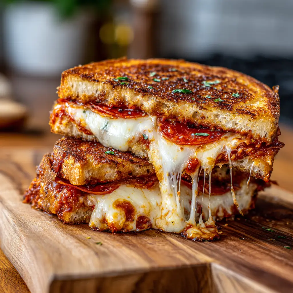 Ingredients for Pizza Grilled Cheese including thick-cut sourdough bread, shredded mozzarella, pepperoni slices, butter, and pizza sauce.