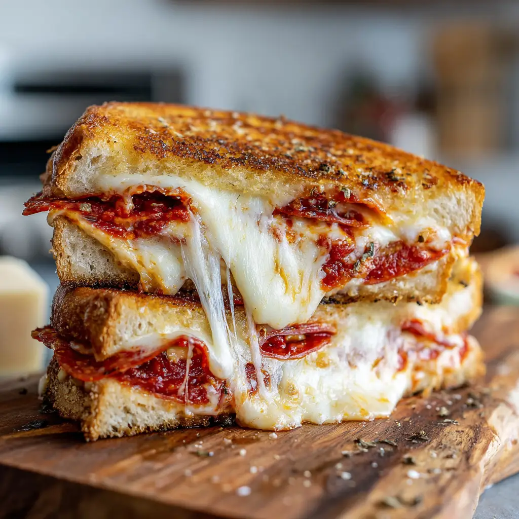 A golden-brown toasted Pizza Grilled Cheese sandwich cut in half, revealing visible layers of pepperoni and rich tomato sauce.