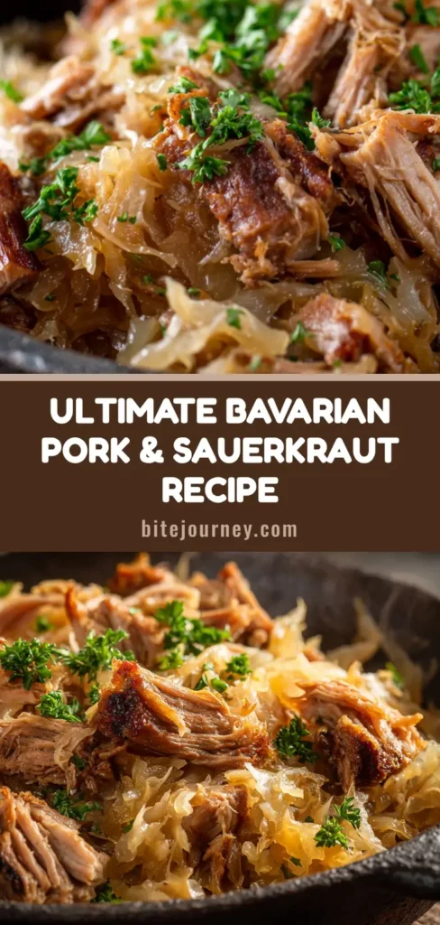A rustic dark cast iron pot filled with Bavarian Braised Pork and Sauerkraut, topped with fresh parsley.