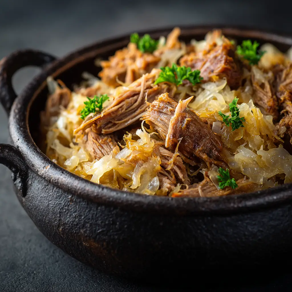 Close-up of fresh ingredients for Bavarian braised pork including pork shoulder, sauerkraut, and aromatics.
