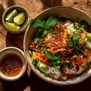 Close-up macro shot of fresh ingredients for a Vietnamese Noodle Salad including rice noodles, julienned carrots, and mint leaves.