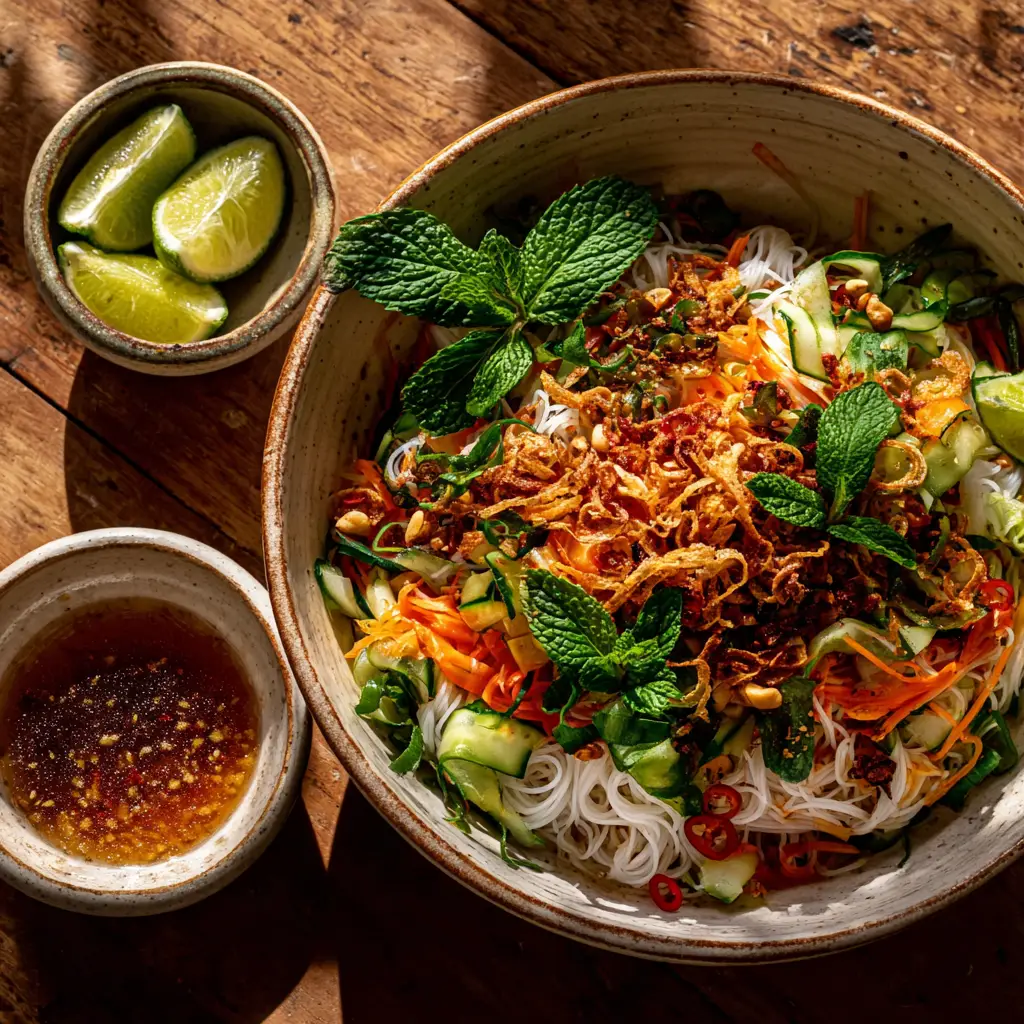Close-up macro shot of fresh ingredients for a Vietnamese Noodle Salad including rice noodles, julienned carrots, and mint leaves.