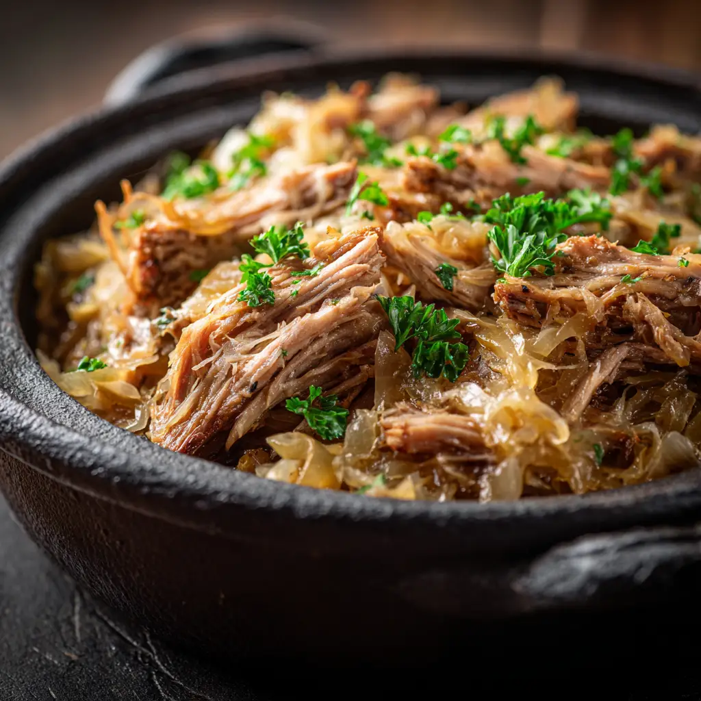 Shredded juicy pork mixed with glistening sauerkraut in a heavy cast iron pot.