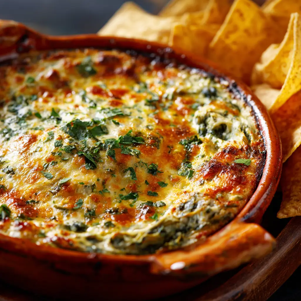 A close-up macro shot of the perfectly browned, cheesy crust of baked spinach artichoke dip with fresh parsley sprinkled on top.