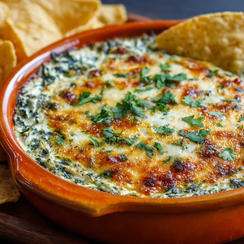 Appetizing view of a rich, creamy baked spinach artichoke dip inside an orange ceramic baking dish, scooped out onto a tortilla chip.
