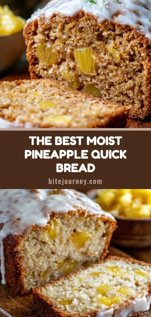 A rustic loaf of Pineapple Bread with thick white sugar glaze dripping down the sides, served on a distressed wooden cutting board.