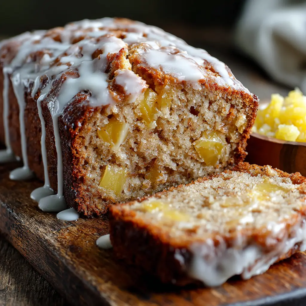 Close-up macro shot of the tender crumb texture in a slice of Pineapple Bread featuring chunks of pineapple.