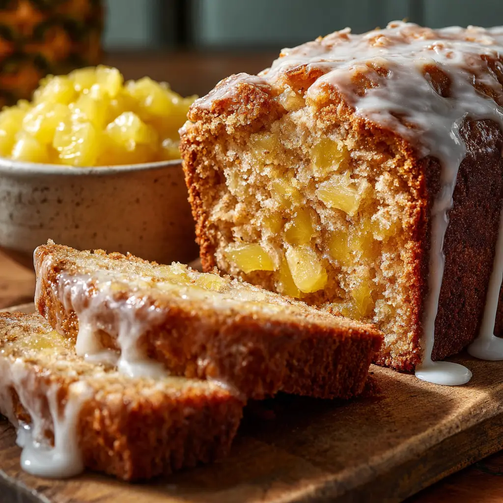 A small bowl of crushed pineapple sitting next to a freshly baked loaf of glazed pineapple bread in bright natural kitchen lighting.