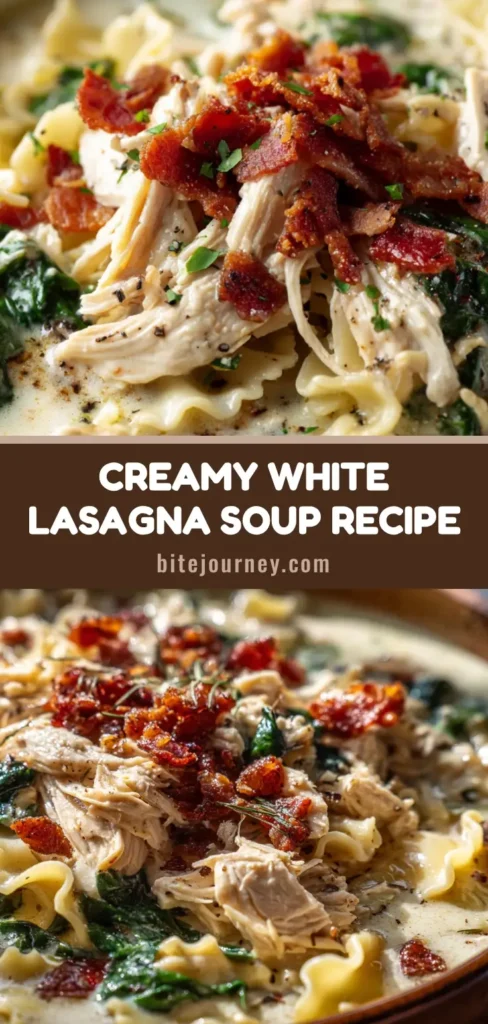 A heavy ceramic bowl filled with rustic, creamy White Lasagna Soup, garnished with crumbled bacon, shredded chicken, and wilted spinach.