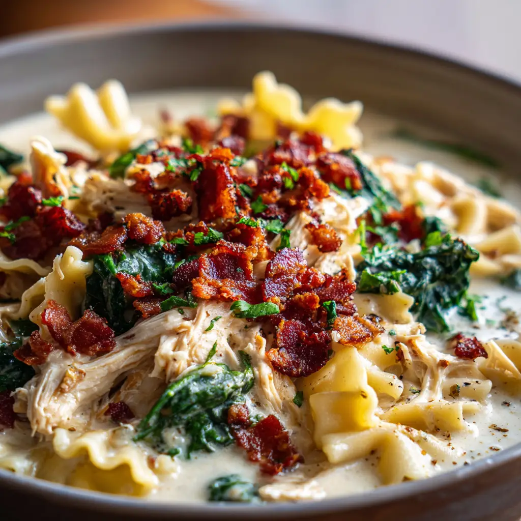 Delicious White Lasagna Soup cooking in a Dutch oven, showing a beautiful contrast of white cream broth, green spinach, and golden bacon.