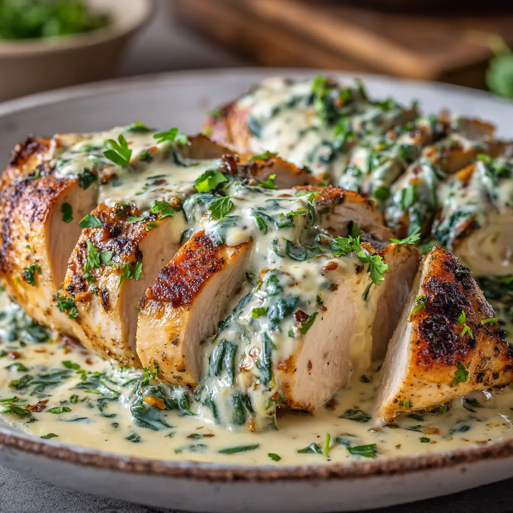 Close-up macro shot highlighting the hearty texture of grilled chicken and rich creaminess of the parmesan spinach sauce. (Easy Lazy Dinners)