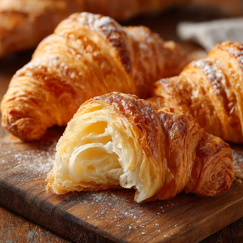 A slightly broken open homemade croissant revealing the delicate, airy honeycomb layers inside, dusted lightly with flour.