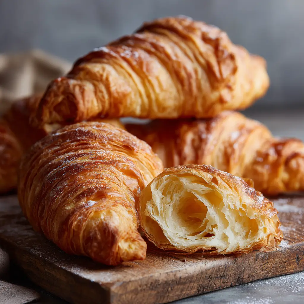 Freshly baked homemade croissants arranged casually on a rustic wooden cutting board in a warm, hearty kitchen setting.