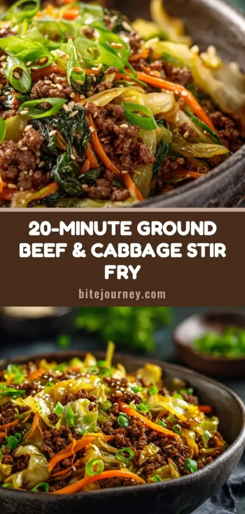 A rustic dark ceramic bowl filled with a mouth-watering Ground Beef And Cabbage Stir Fry garnished with scallions.