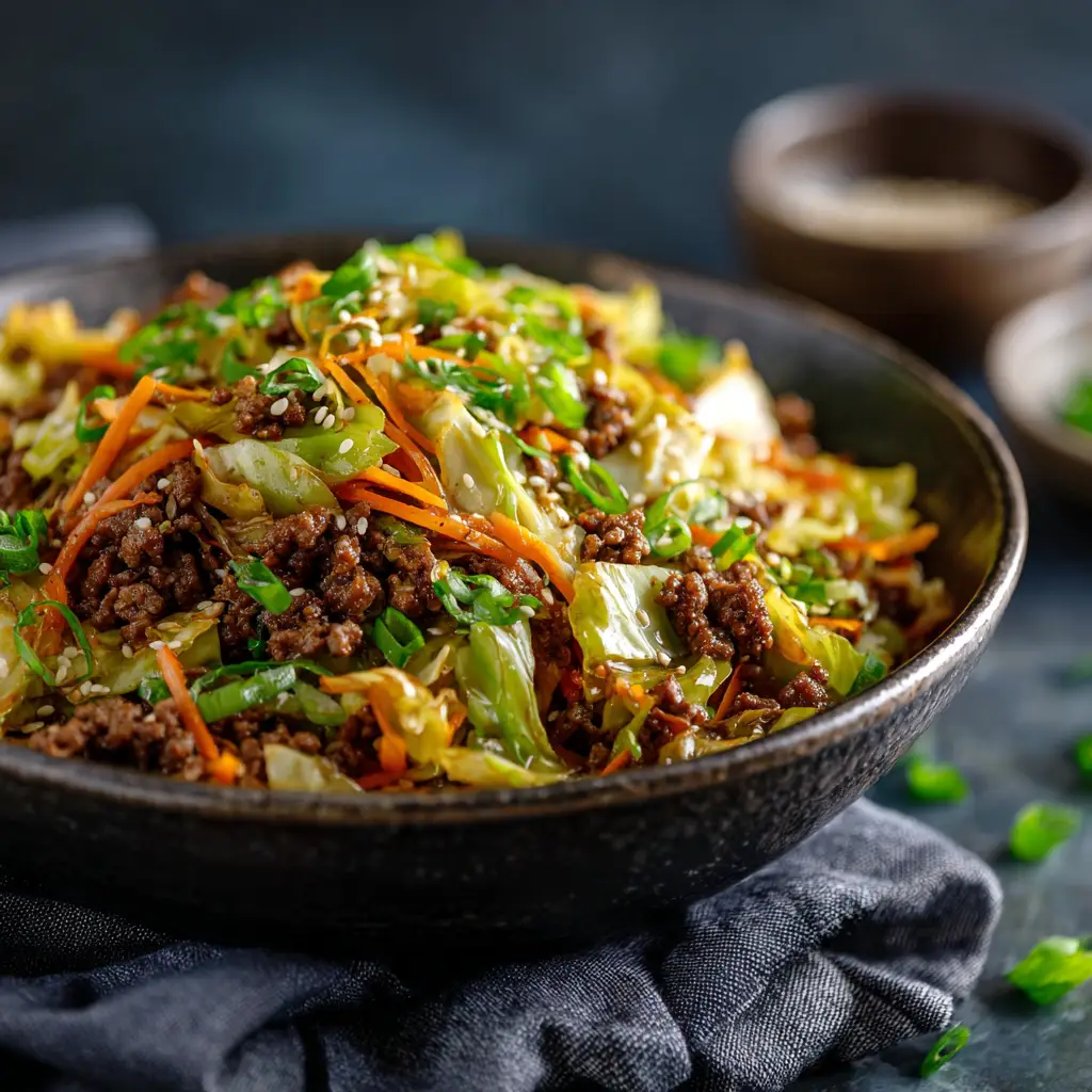 Fresh ingredients for Ground Beef And Cabbage Stir Fry including green cabbage, shredded carrots, ginger, and beef.
