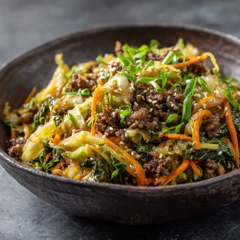 Close-up macro shot of browned beef, vibrant green cabbage, and orange carrots tossed in a skillet.